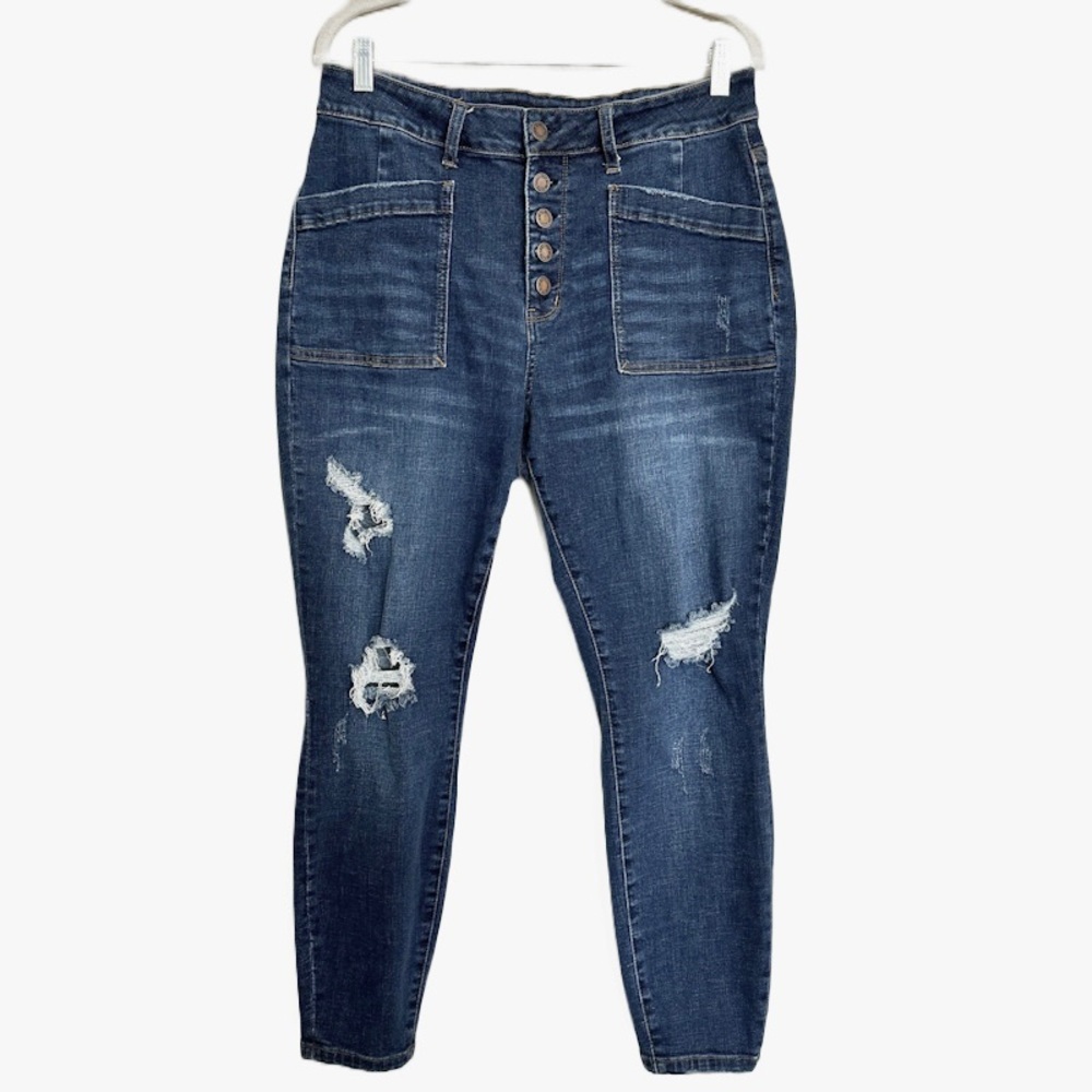 Judy Blue Manchester High Rise Cargo Button Fly Skinny Distressed Jeans Siz16 W
